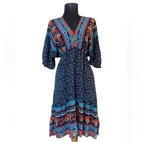 Blue Floral V-Neck Short Sleeve Dress Medium - Picture 2 of 14